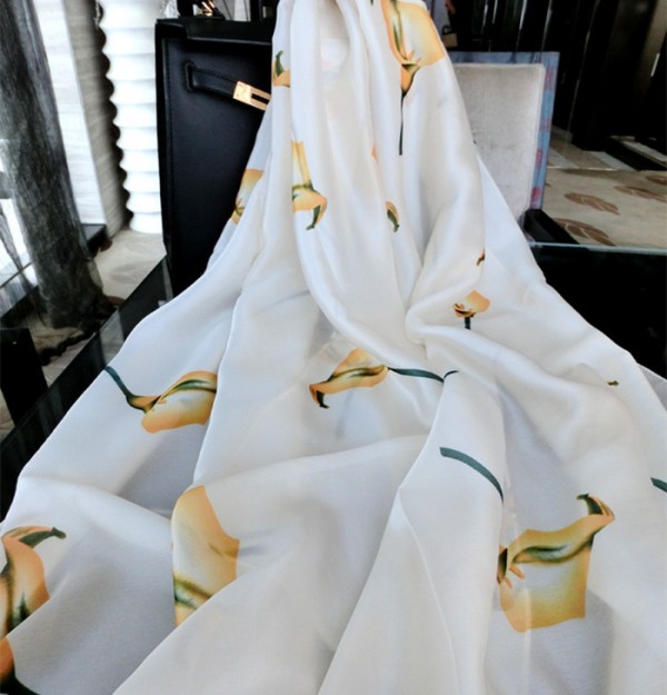 2015年新款真絲印花絲巾 優雅氣質純白馬蹄蓮百合花大圍巾披肩批發・進口・工廠・代買・代購