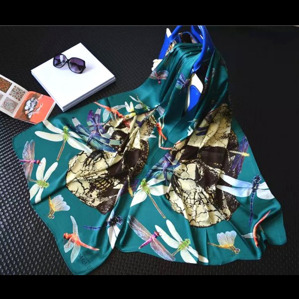 歐洲站 MQ經典綢緞真絲蜻蜓骷髏頭絲巾低調奢華女士披肩防曬圍巾批發・進口・工廠・代買・代購