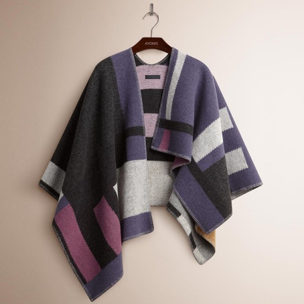 現貨 2015新款女秋裝紫色格紋B傢羊絨鬥篷毛毯式披肩批發・進口・工廠・代買・代購