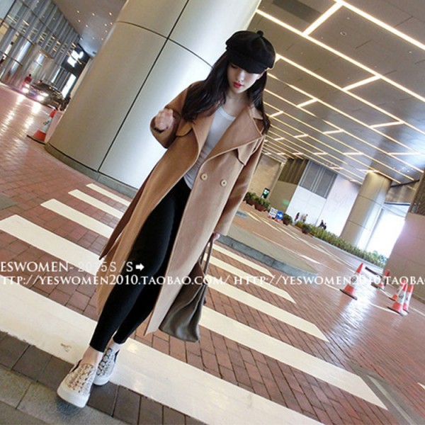 秋冬新款女裝新款2015歐美氣質寬松風衣純色長款毛呢大衣女外套潮工廠,批發,進口,代購