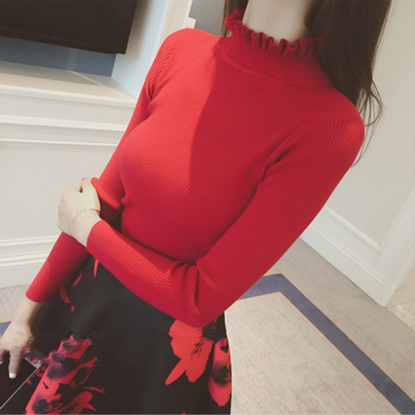 2015秋冬新款韓版女裝3667#修身百搭木耳邊半高領純色針織衫工廠,批發,進口,代購