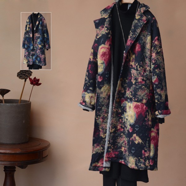 2015秋冬新款 復古文藝潑墨印花棉針織開衫西裝領加絨加厚外套女工廠,批發,進口,代購