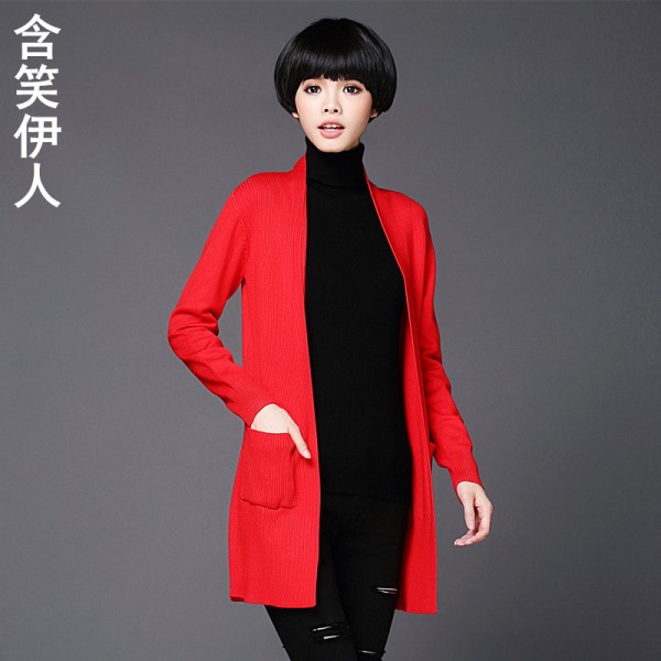 2015秋裝新款針織衫女式中長款毛衣開衫純色女款長袖羊毛衫外套女工廠,批發,進口,代購