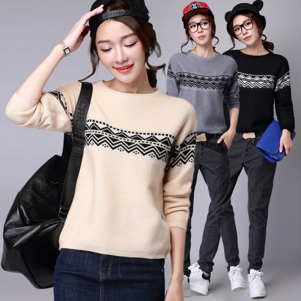 2015秋冬針織衫女 韓版幾何菱形花紋圓領套頭毛衣 女式毛衣工廠,批發,進口,代購