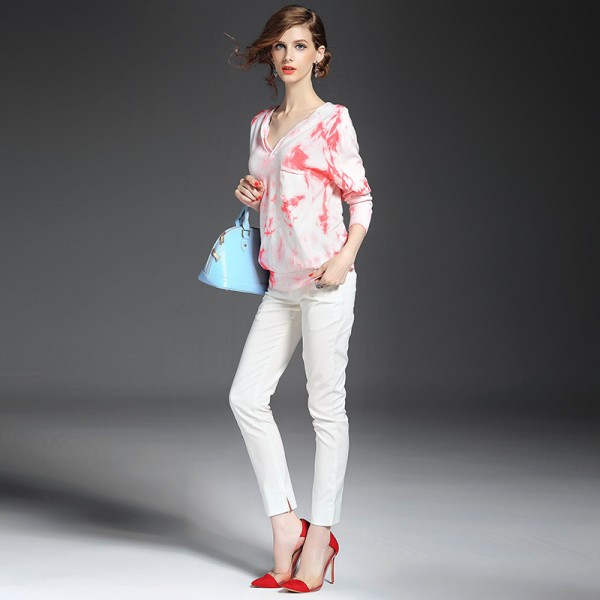 2015秋季新款女裝 氣質V領長袖純棉溶解印花左胸單口袋女式針織衫工廠,批發,進口,代購