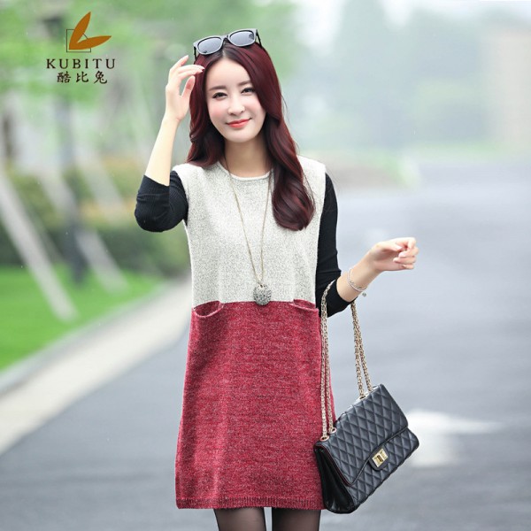 1858秋冬新款韓版女裝圓領雙口袋針織衫拼色無袖長款套頭毛衫批發工廠,批發,進口,代購