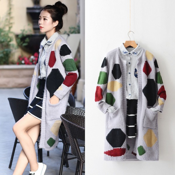 15596 韓國東大門同款撞色大圓圈仿羊絨長版針織開衫 毛衣外套工廠,批發,進口,代購