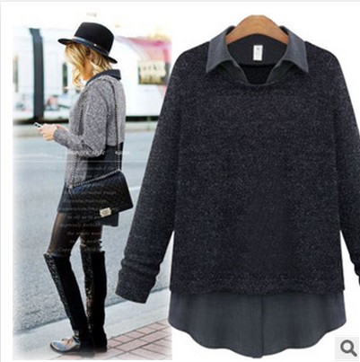 大碼女裝2015秋裝新款翻領假兩件T恤衫歐美長袖針織衫女打底上衣工廠,批發,進口,代購