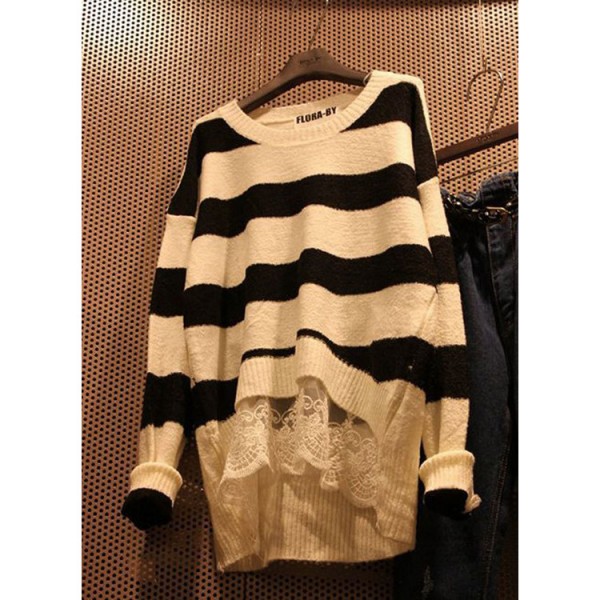 韓國東大門秋裝中長款條紋毛衣蕾絲拼接女長袖寬松套頭針織衫潮工廠,批發,進口,代購