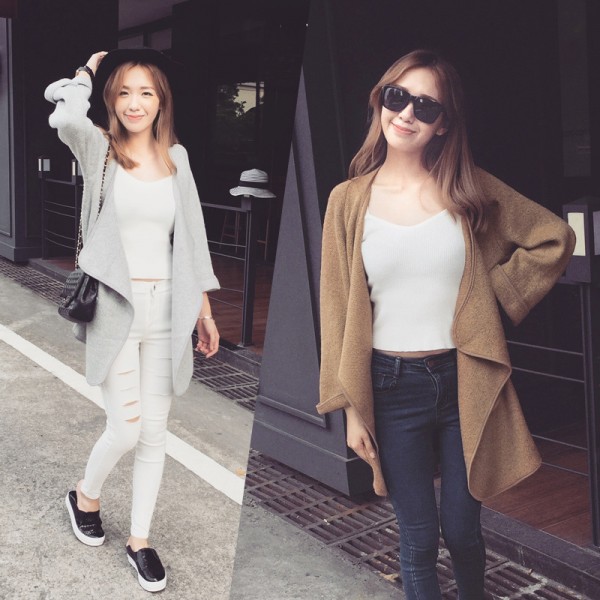 XJ】歐美時尚女裝針織保暖長袖袖口翻折假口袋百搭長款外套HZ1889工廠,批發,進口,代購