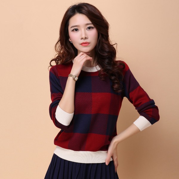 2015秋冬新款圓領套頭針織衫毛衣女 方格長袖直筒針織衫 女式工廠,批發,進口,代購