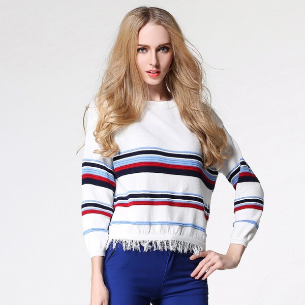 2015冬裝新款 韓版寬松條紋針織衫流蘇長袖T恤上衣女工廠,批發,進口,代購
