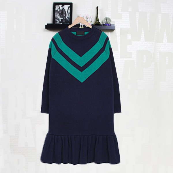 秋季歐美風海軍風撞色圓領下擺荷葉邊長袖針織t連衣裙9172工廠,批發,進口,代購