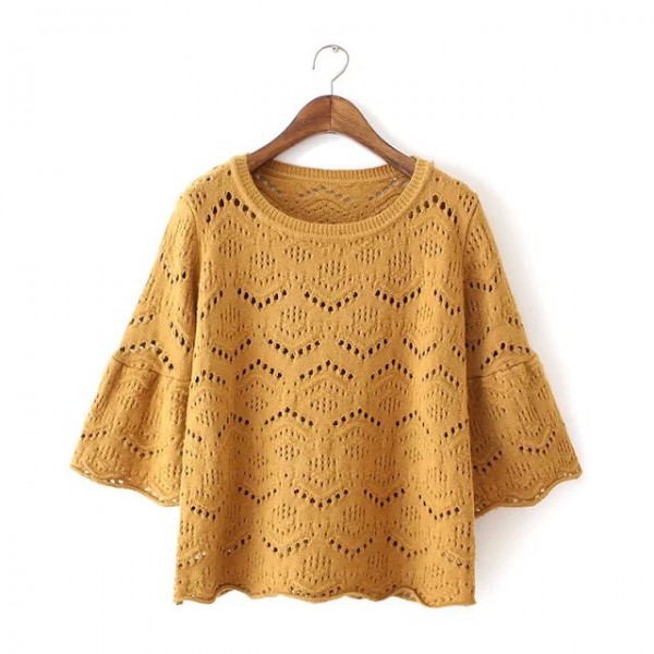 2015秋裝韓版新款寬松波浪鏤空花紋園路七分袖喇叭袖針織衫Y4400工廠,批發,進口,代購