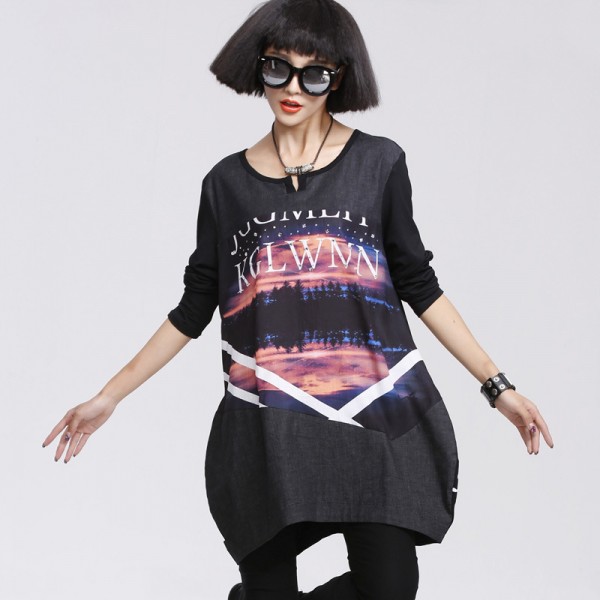 2015秋冬新款牛仔拼接圓領胖mm長袖時尚寬松中長款大碼女裝A626工廠,批發,進口,代購