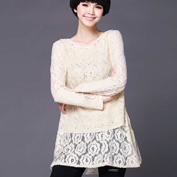 2015秋裝新款女式針織衫  韓版寬松鏤空中長款圓領長袖時尚套頭衫工廠,批發,進口,代購