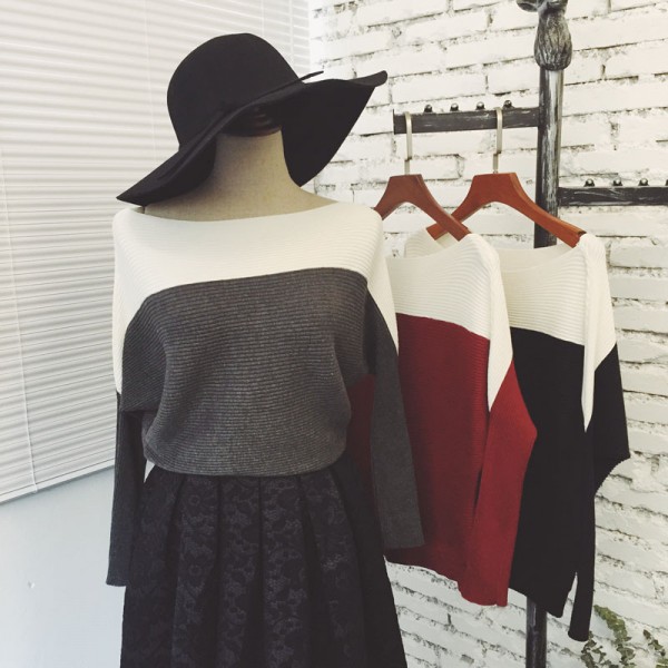 APXIVI東大秋冬新款露肩一字領拼色蝙蝠袖百搭長袖針織衫 2610A工廠,批發,進口,代購
