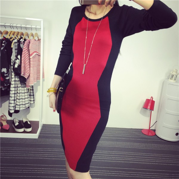 歐洲站原創秋冬季氣質撞色拼色連衣裙針織長款毛衣裙女裝大碼769T工廠,批發,進口,代購