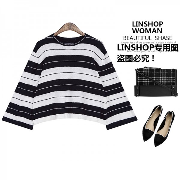 2015最新款秋裝女韓版長袖條紋圓領套頭寬松女式針織衫短款上衣爆工廠,批發,進口,代購