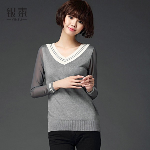 2015秋季新款女裝針織衫V領紗袖羊毛打底衫修身顯瘦毛衣女批發工廠,批發,進口,代購