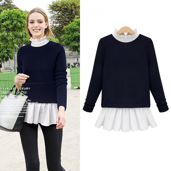 歐洲站2015冬季女裝針織衫女式長袖新款假兩件寬松針織衫904工廠,批發,進口,代購