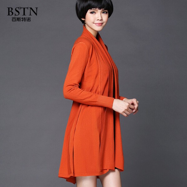 2015 新品 女裝女式針織衫  韓版純色寬松下擺褶皺長款針織衫開衫工廠,批發,進口,代購