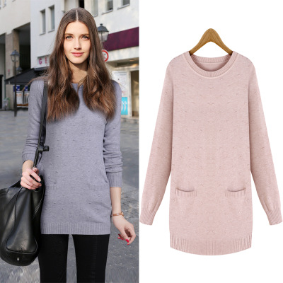 歐美女裝外貿 2015秋裝新品歐洲站毛衣圓領口袋中長款套頭針織衫工廠,批發,進口,代購