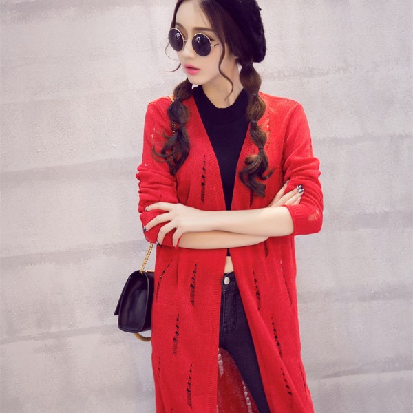 2015秋季新款甜美韓版薄款針織衫 中長款鏤空寬松女外套毛衣開衫工廠,批發,進口,代購