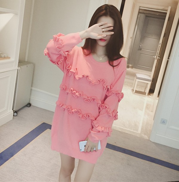 韓國女裝2015秋裝新款木耳邊拼接上衣 寬松套頭長袖針織衫毛衣女工廠,批發,進口,代購