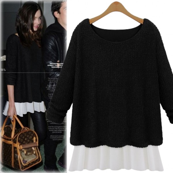 2015秋季新款歐美大碼女裝假兩件針織衫女雪紡拼接圓領長袖打底衫工廠,批發,進口,代購