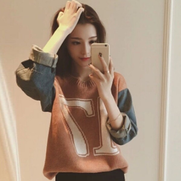 2015秋裝新款韓版女裝牛仔拼接假兩件寬松休閒套頭針織衫服裝批發工廠,批發,進口,代購