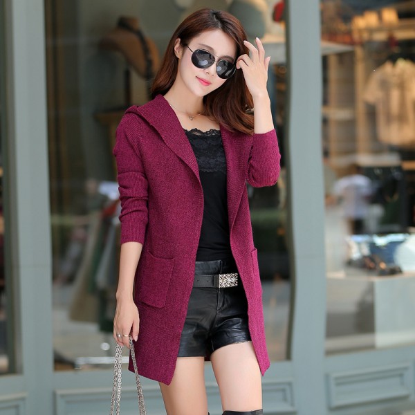 彩凰2015秋冬季新款連帽外套韓版純色修身毛衣中長款女式針織開衫工廠,批發,進口,代購