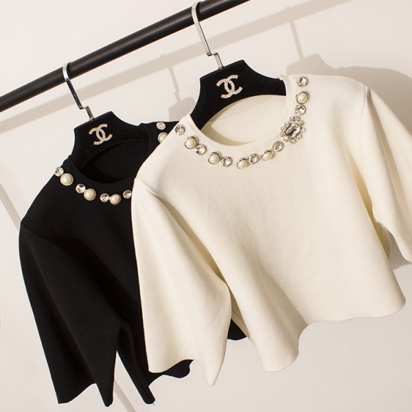 秋裝新款歐洲站釘珠裝飾圓領套頭針織衫修身簡約純色短款AH81346工廠,批發,進口,代購