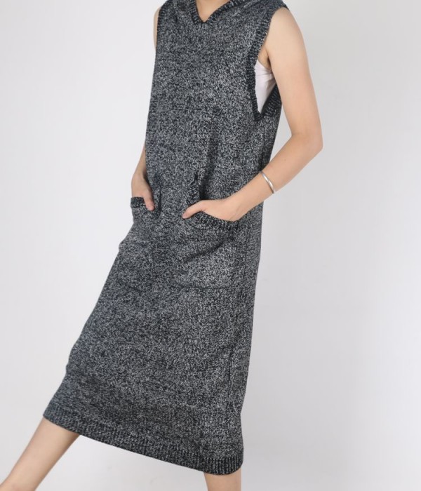 秋冬季新款針織加長款連帽連衣裙純色粗針無袖修身毛衣上衣工廠,批發,進口,代購