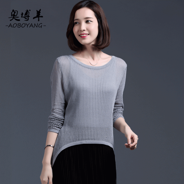 2015夏秋新品純色女式針織衫 鏤空經典圓領韓版長袖女清新套頭衫工廠,批發,進口,代購