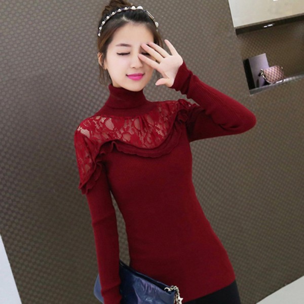 2015秋冬韓版新款甜美蕾絲拼接荷葉邊露肩高領打底針織毛衣批發・進口・工廠・代買・代購