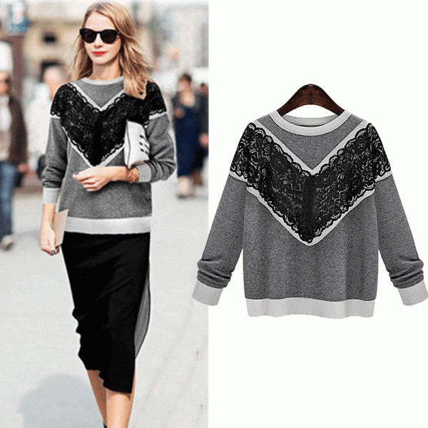 歐洲站2015冬裝新款長袖打底衫蕾絲花邊圓領毛衣針織衫歐美上衣女工廠,批發,進口,代購