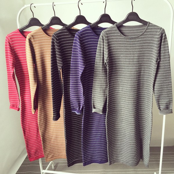 502#實拍韓國東大門細條紋不規則開叉加長款打底長袖針織衫連衣裙工廠,批發,進口,代購