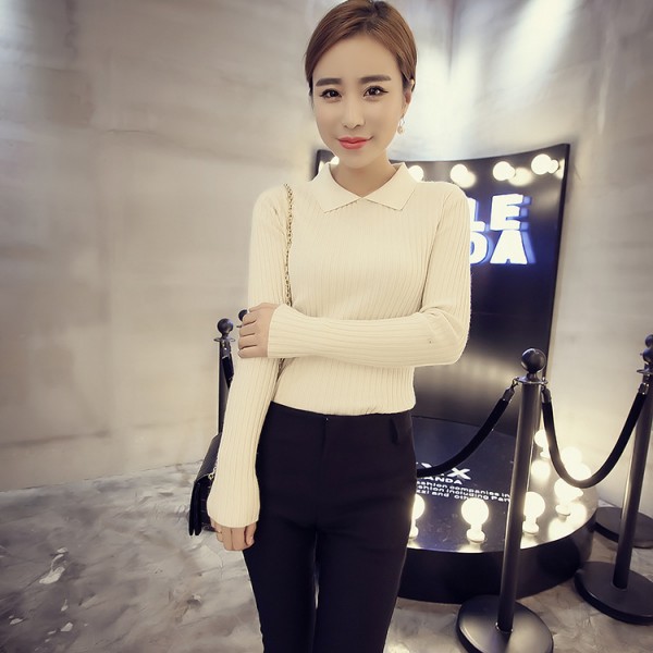 2015冬裝新款韓版小尖領針織衫修身長袖套頭打底衫針織衫上衣女工廠,批發,進口,代購