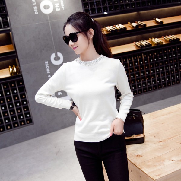 2015冬季新款女裝圓領釘珠套頭長袖打底毛衣領口帶鉆針織衫HM2518工廠,批發,進口,代購