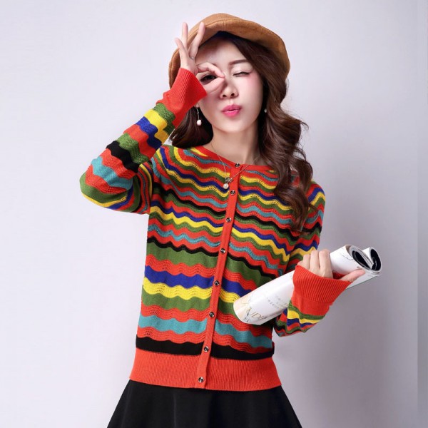 2015秋季新款 女式圓領彩虹條針織開衫 時尚百搭鏤空長袖毛衣外套工廠,批發,進口,代購