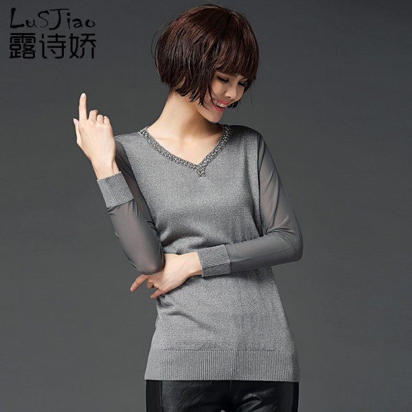 2015秋季新款 韓國東大門 經典v領純色針織衫 爆款釘珠百搭上衣工廠,批發,進口,代購