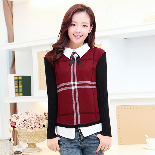 秋款針織衫修身配飾 襯衫領長袖假兩件針織衫 女士工廠,批發,進口,代購