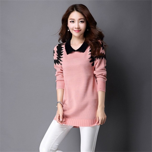 秋冬新款女式針織衫長袖翻領撞色套頭毛衣時尚修身大碼女裝打底衫工廠,批發,進口,代購