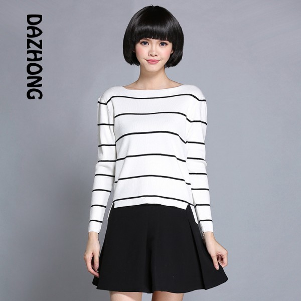 2015秋冬韓版女式針織衫羊毛衫短款圓領條紋毛衣打底衫大碼毛衣工廠,批發,進口,代購