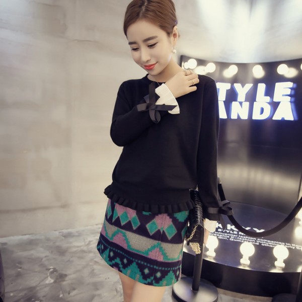 2015秋冬新款韓版打底毛衣女修身套頭袖口絲帶寬松短款針織衫上衣工廠,批發,進口,代購