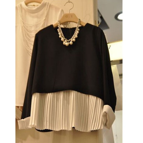 韓國東大門秋季女裝韓版百褶拼接撞色長袖t恤女休閒寬松百搭上衣工廠,批發,進口,代購