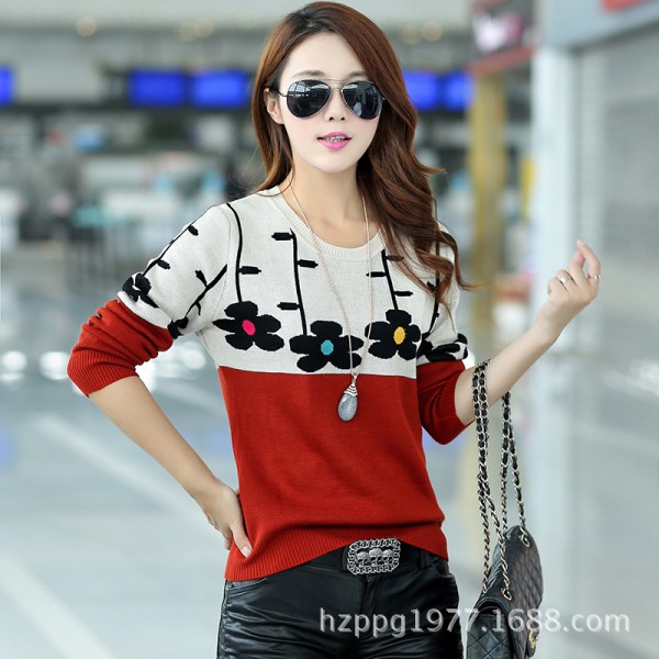 2015冬季新款套頭毛衣女 韓版修身撞色圓領長袖打底針織衫 女式工廠,批發,進口,代購