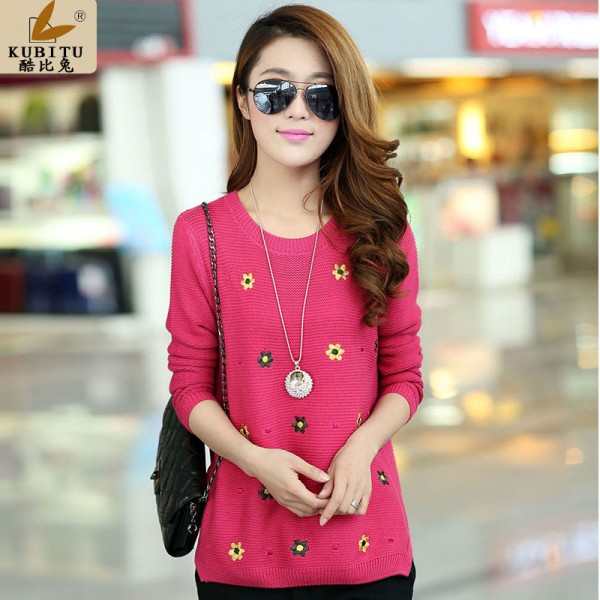 1332酷比兔2015秋季女裝新款韓版針織衫圓領繡花短款打底衫套頭工廠,批發,進口,代購