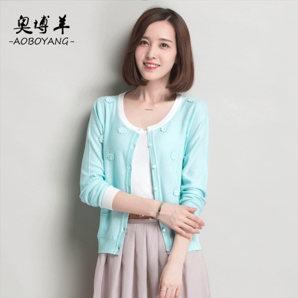 2015秋冬款甜美女式針織衫 小花朵休閒經典圓領長袖羊毛開衫上衣工廠,批發,進口,代購